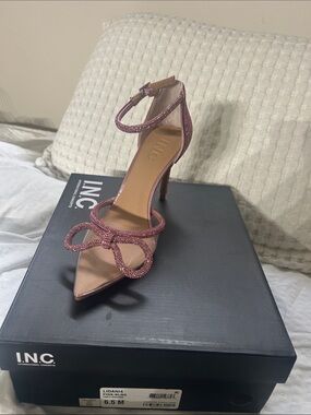 New-INC International Concepts Rose Pink Beaded Bow Ankle-Strap Stiletto